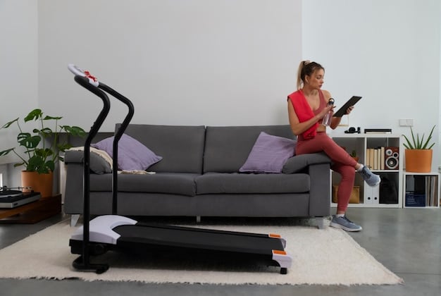 A compact home gym setup in a modern apartment, featuring a folding treadmill, adjustable dumbbells on a rack, and a yoga mat laid out on the floor. Natural light streams in through a large window.