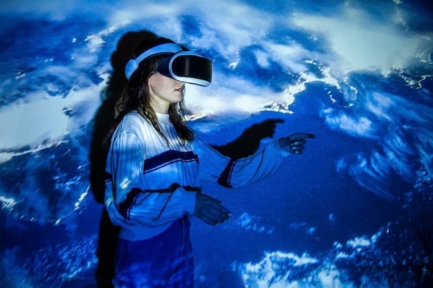 A gamer wearing a VR headset and holding motion controllers, completely engrossed in a virtual reality game. The background shows a spaceship cockpit interface, suggesting a space exploration game.