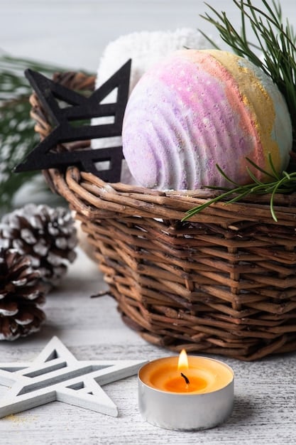 A visually appealing relaxation and spa basket with a lit candle, a fluffy towel, bath bombs, and essential oils, all arranged neatly in a wicker basket.