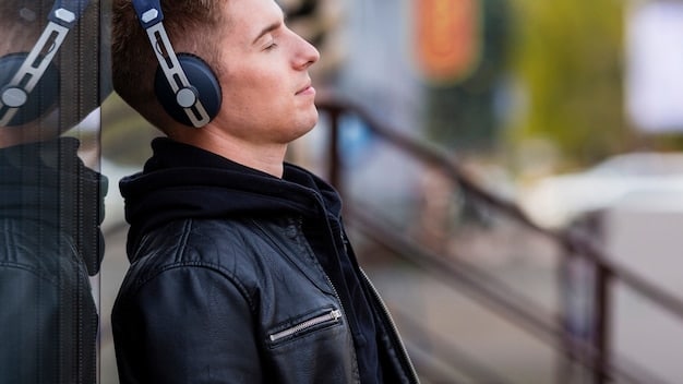 A close-up shot of a person wearing high-end noise-canceling headphones, with blurred background of city noises. The focus is on the sleek design and the concentration on the wearer's face.