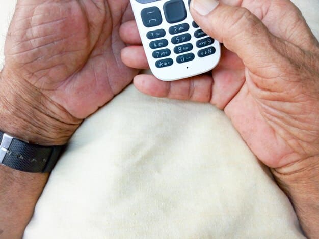 Close-up of a senior's hands comfortably holding a user-friendly remote control with oversized buttons, set against the backdrop of a cozy living room.