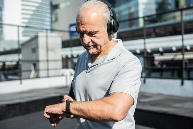 A senior wearing a sleek smartwatch that displays their heart rate and step count, with a doctor smiling reassuringly in the background.