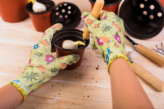 A close-up of a gardener's hands, wearing gardening gloves, using a stainless steel hand trowel to carefully transplant a small tomato plant into a raised garden bed filled with rich, dark soil. The background features a variety of green plants and vegetables, slightly blurred to focus on the action.