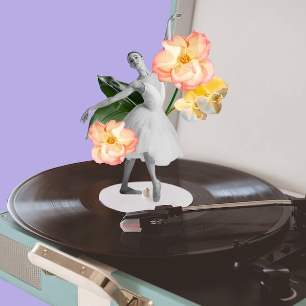 A close-up shot of a vintage-style record player with a vinyl record spinning on the turntable. The background is softly blurred, highlighting the warm, nostalgic aesthetic of vinyl listening.