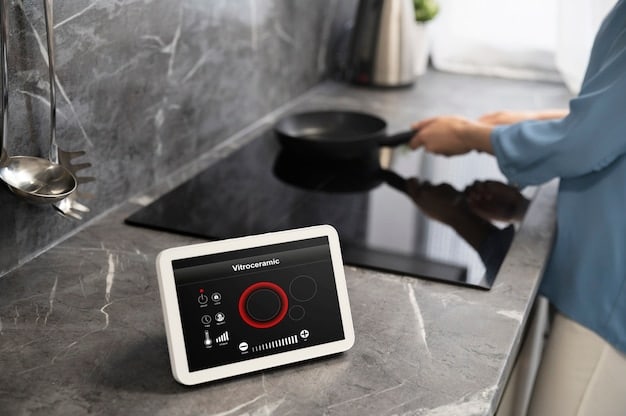 A sleek, modern smart display showing a live feed from a security camera, placed on a minimalist kitchen countertop, with a blurred background suggesting a busy household.