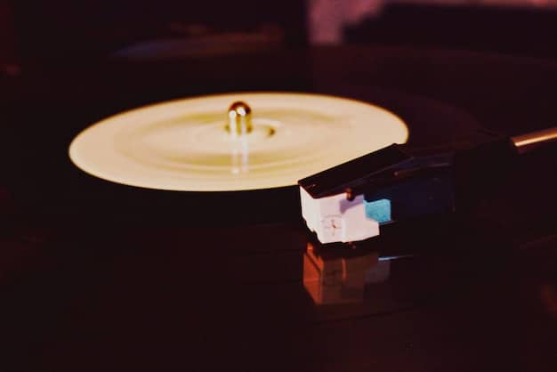 A close-up shot of a vintage record player's needle dropping onto a spinning vinyl record, with warm, soft background lighting, emphasizing the ritualistic aspect of listening.