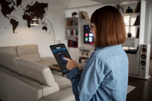 A person's hand interacting with a digital interface of a smart home device, showing a seamless user experience. The device is sleek and modern, integrated into a contemporary home setting.