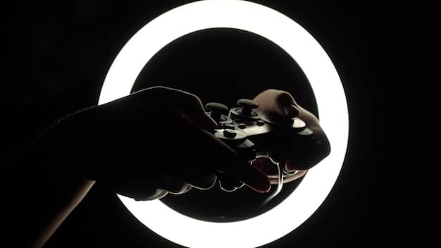 A close-up of a hand holding a sleek, next-generation gaming controller, with subtle LED backlighting. The background is blurred, hinting at an immersive gaming setup.