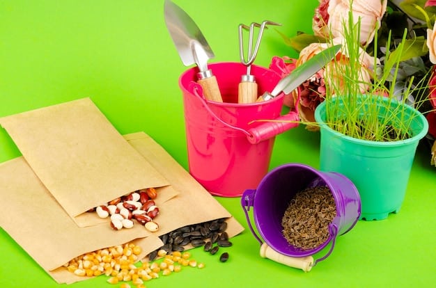 A close-up shot of various colorful seed packets arranged artfully on a rustic wooden table, alongside a small hand trowel and gardening gloves, suggesting the start of a new planting season.