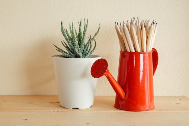 A beautifully arranged indoor plant display featuring various houseplants in aesthetic pots, with watering tools and decorative elements like small figurines, creating a peaceful green corner in a home.