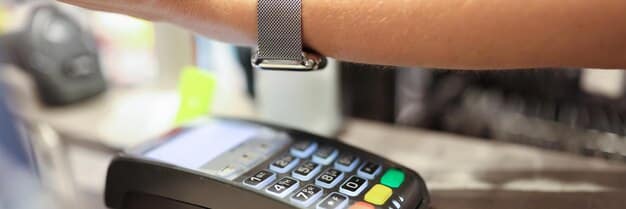 A close-up shot of a credit card being tapped on a payment terminal, with blurred background representing various retail settings.