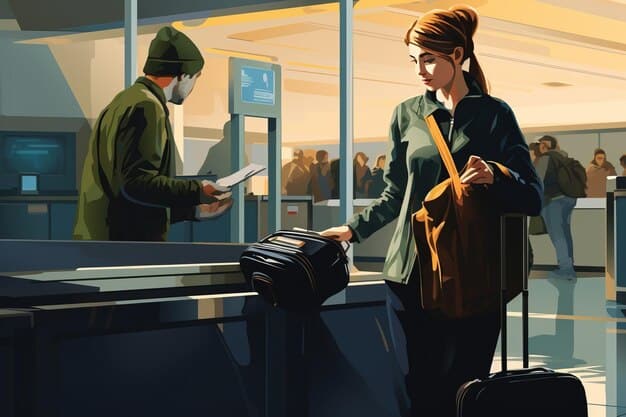 A traveler showing a boarding pass and passport to an airline agent at a stylized airport check-in counter, implying smooth holiday travel.