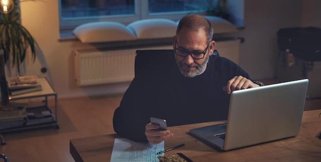 A person looking thoughtfully at a credit report on a laptop screen, with a piggy bank and a calendar in the background, symbolizing financial vigilance and planning.