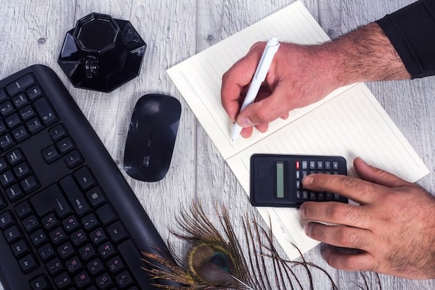 A close-up shot of a credit card statement highlighting a 0% APR promotional period and the balance transfer fee, with a calculator and pen nearby, symbolizing careful financial calculation.