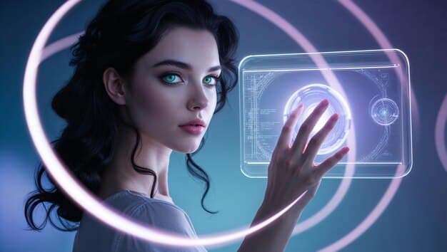 A person interacting with a futuristic, holographic user interface, symbolizing advanced new features and technological breakthroughs. The image should be vibrant and convey innovation.