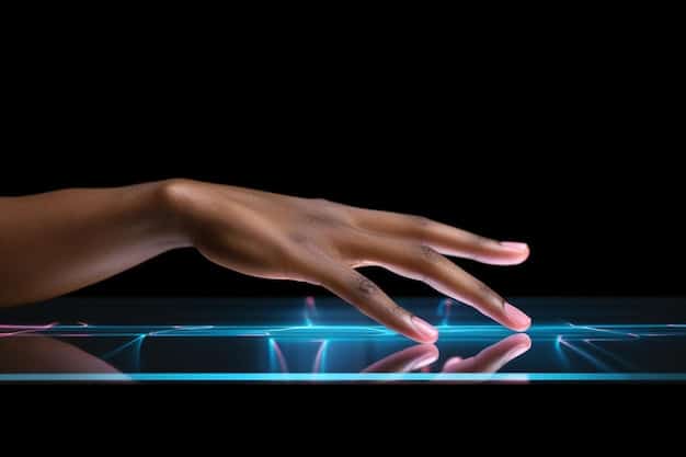 A person's hand interacting with a holographic interface or a futuristic touchscreen, highlighting advanced features and innovative user experience of an updated product.