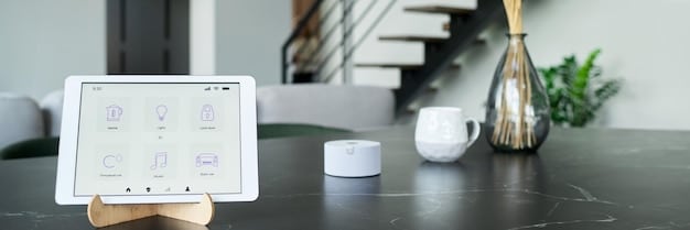 A close-up of a sleek, modern smart home hub on a wooden table, displaying various connected devices and controls.